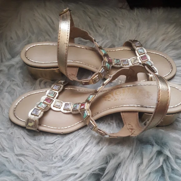 60s Vintage Mod Multi Colored JEWEL Studded Gold Lame Block Heel Sandals Size 7 - Picture 8 of 16